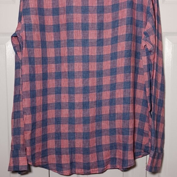 Robert Barakett Mens Longsleeve Plaid Linen‎ Button-Up Shirt Blue/Salmon L - Picture 7 of 13